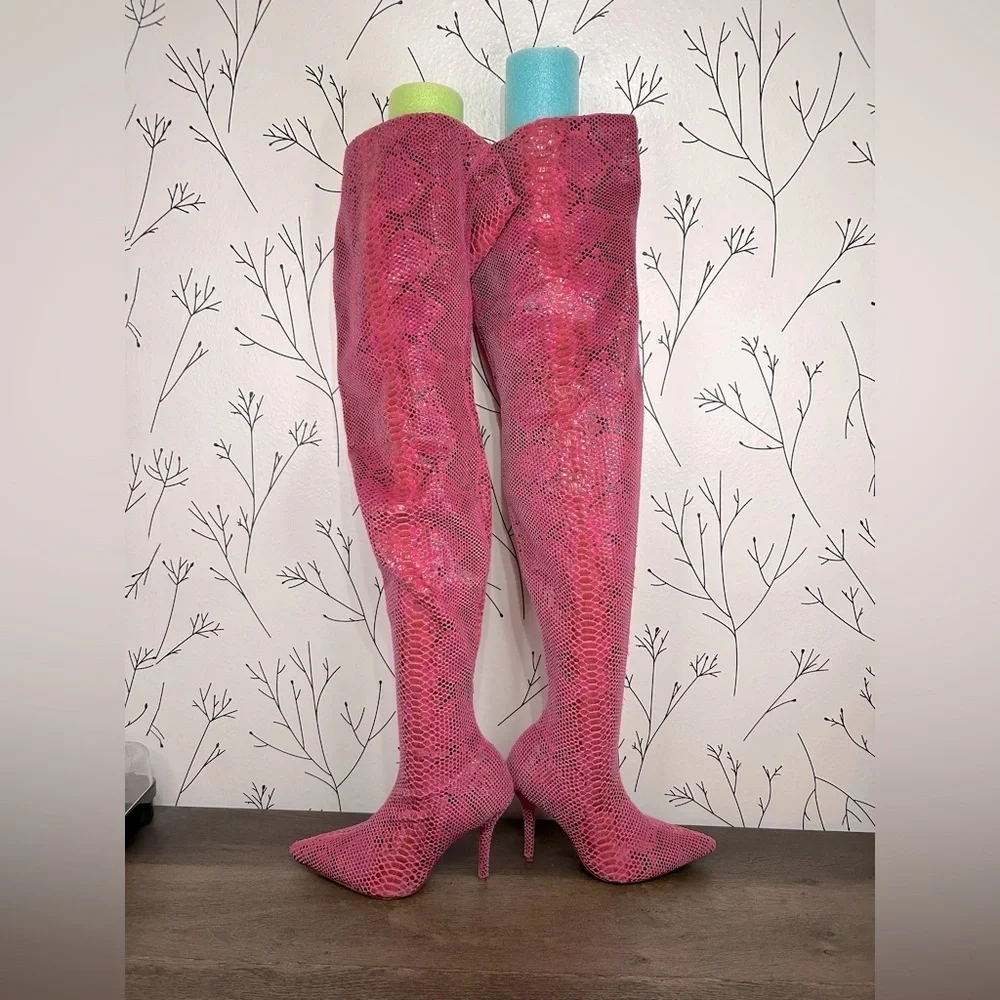 Azalea Wang Pink Python Thigh High Boots